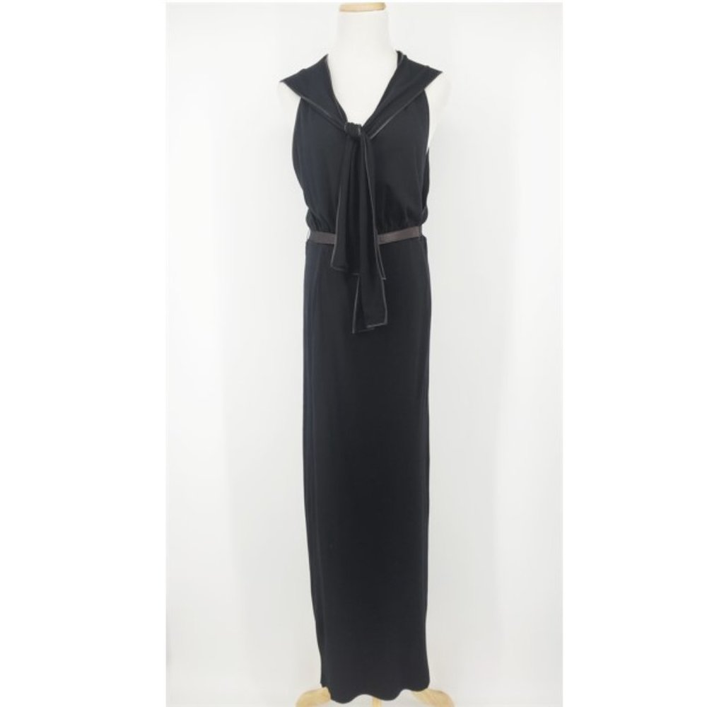 Rozae Nichols Shawl Tie-Neck Belted Wool Blend Sleeveless Maxi Dress Black